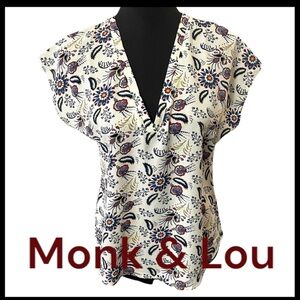 Monk & Lou Cream/Blue/Red Floral V-Neck Cap Sleeve Top (XS/S)